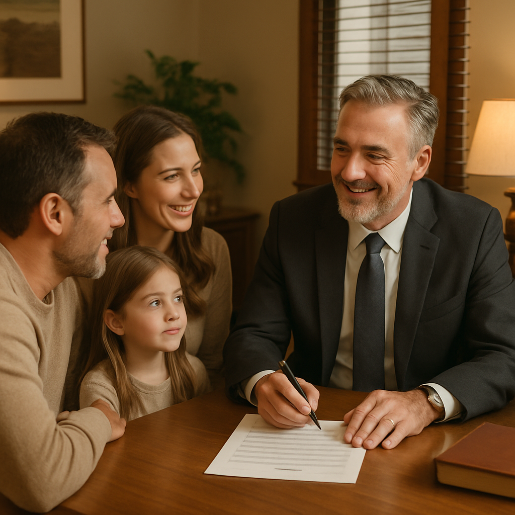 A family discussing their estate plan with an attorney in a warm office setting