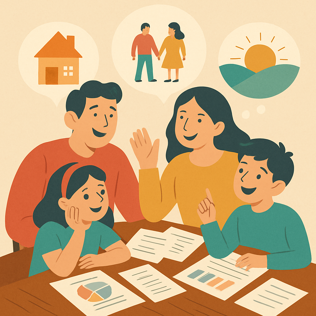 A whimsical illustration depicting a family happily discussing their future plans around a table filled with documents