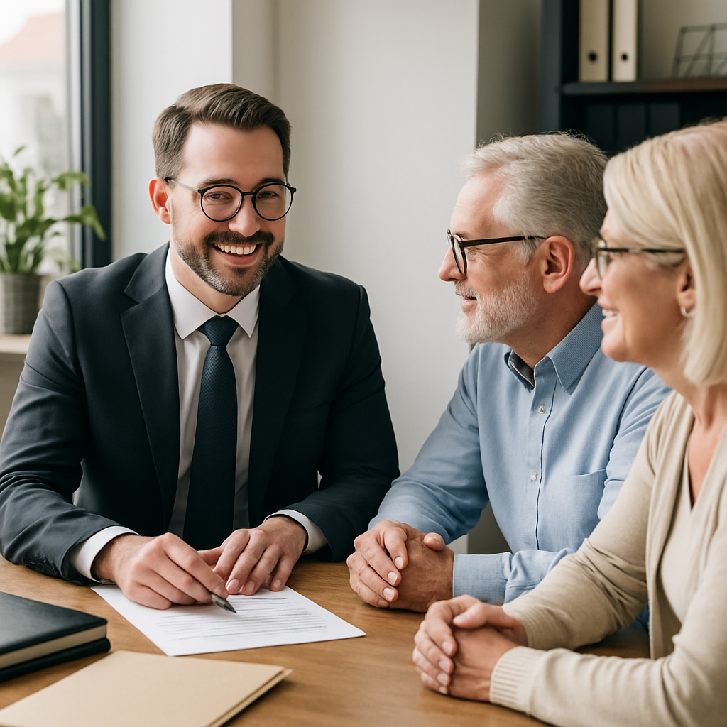 A friendly estate lawyer consulting with clients in an office setting