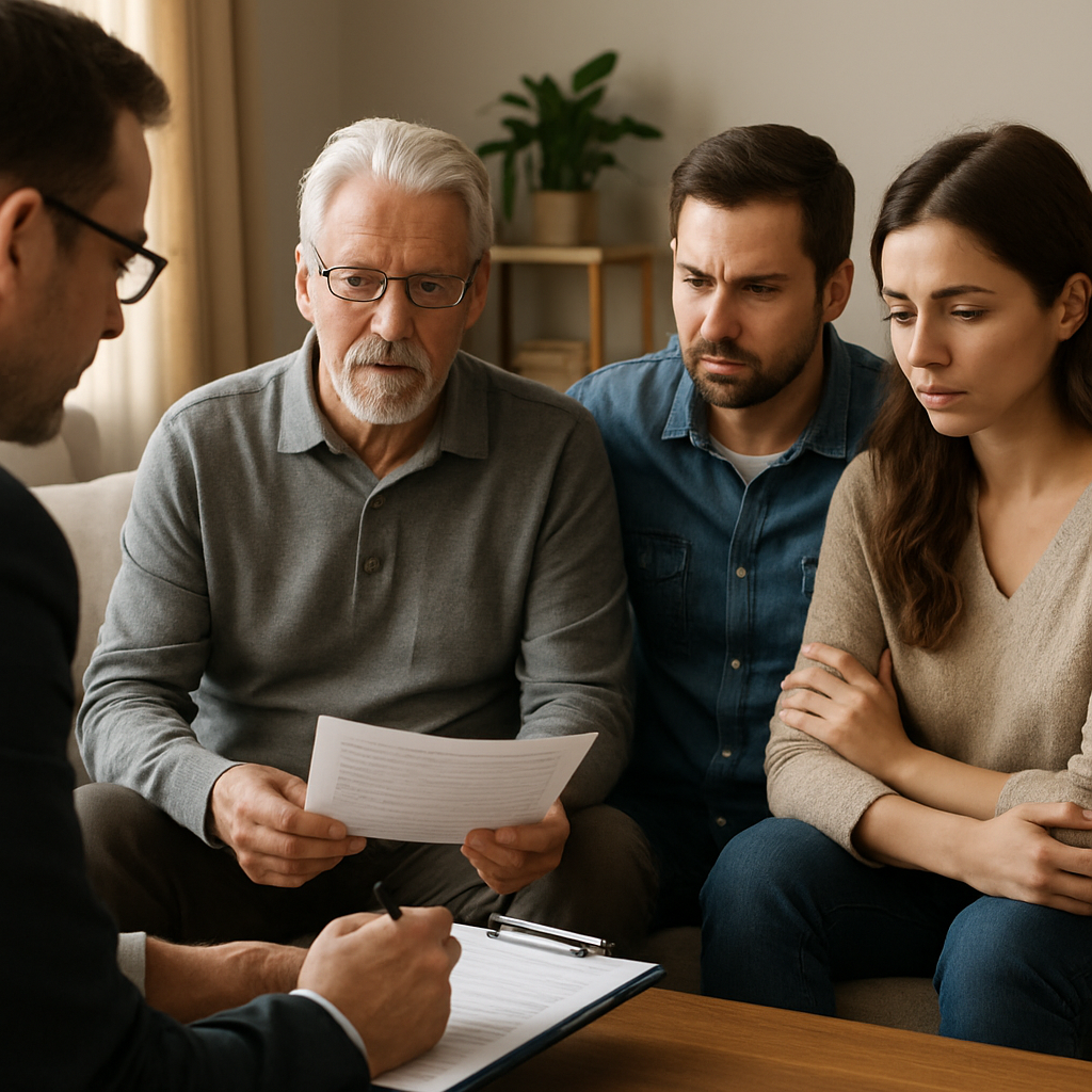 A family discussing estate planning documents in a cozy living room setting