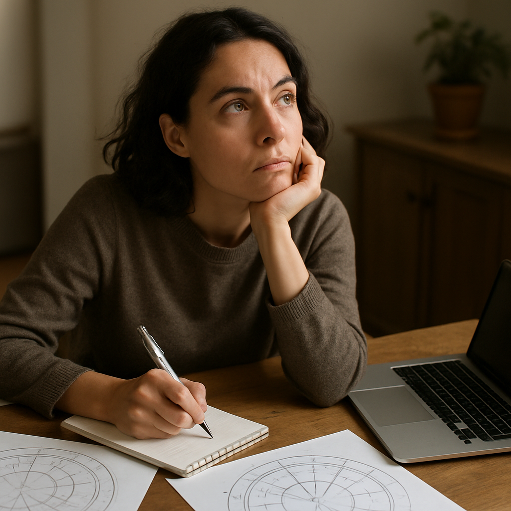 A person sitting at a desk with astrological charts and a laptop open, looking thoughtful while writing down their questions about astrology