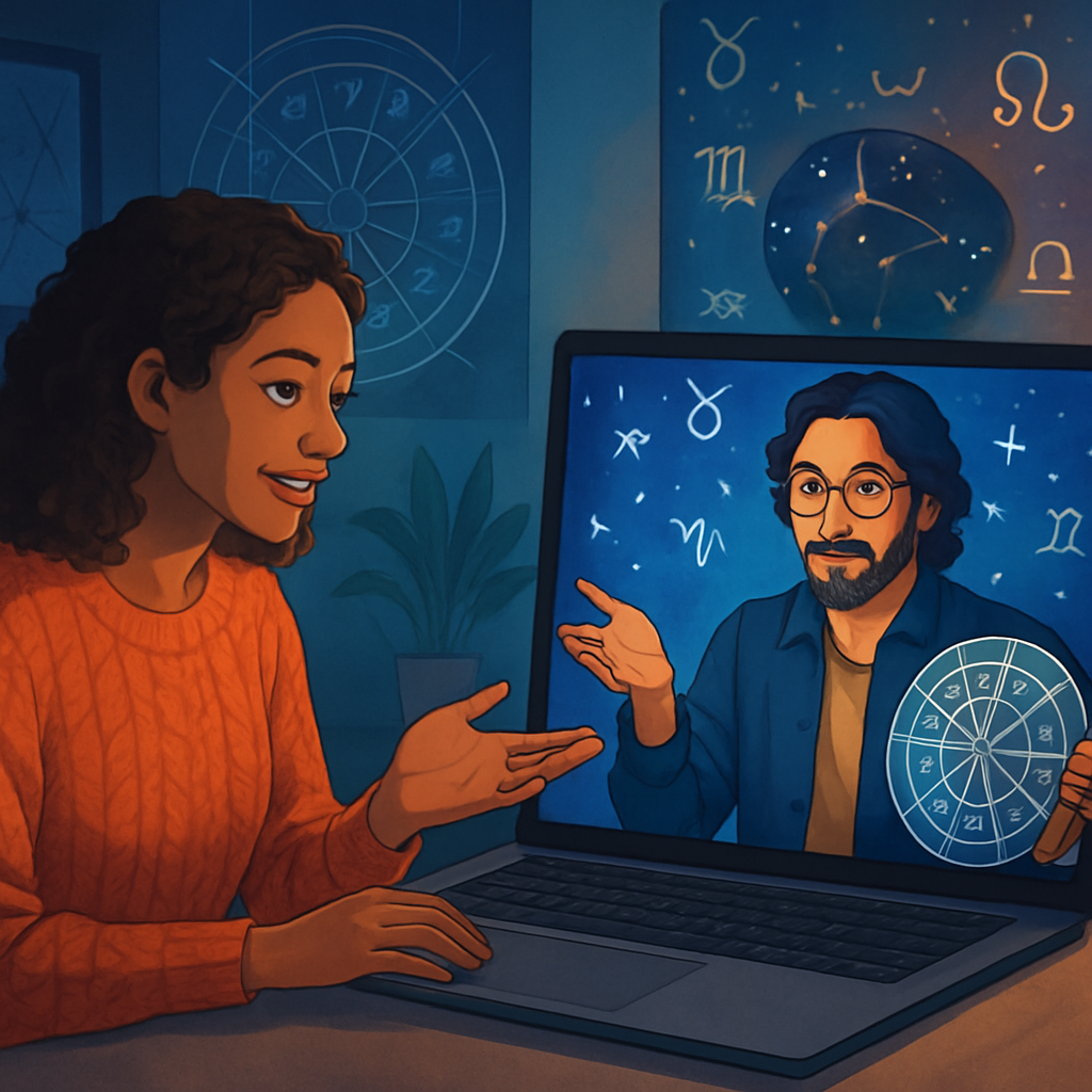 A vibrant digital illustration depicting an online astrology consultation session with an astrologer and client interacting through video chat, with astrological symbols and charts in the background