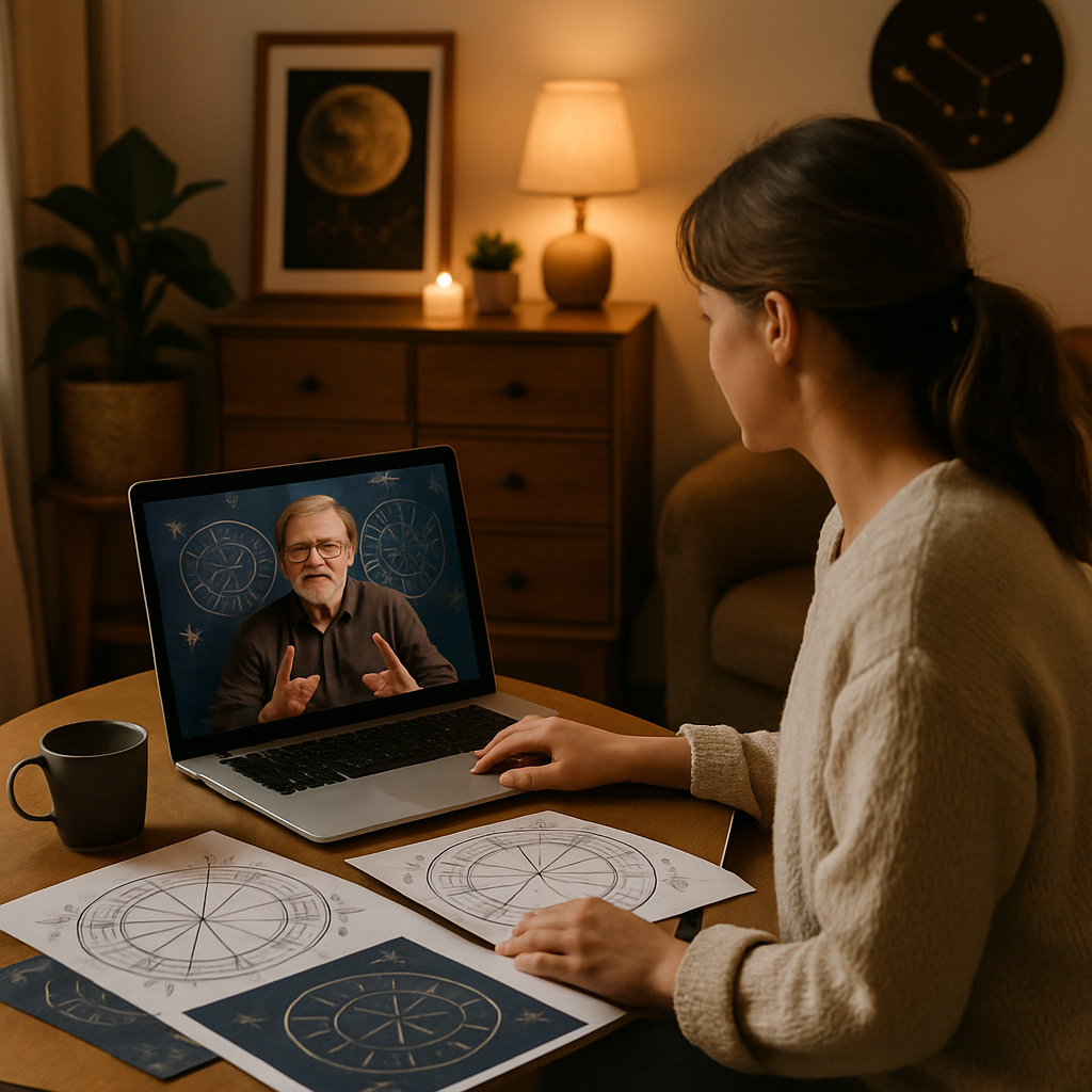A cozy home setting with a person engaging in an online astrology consultation on a laptop, surrounded by astrological charts and celestial decor.