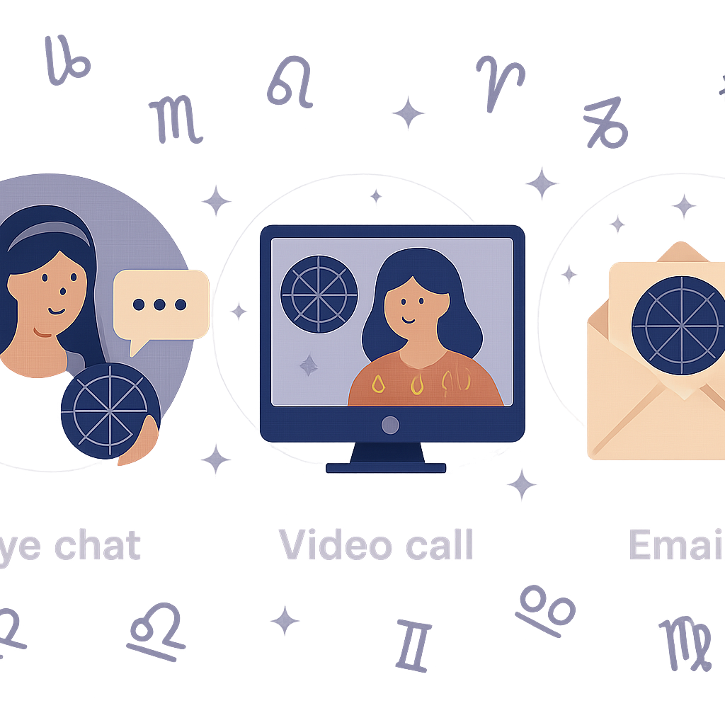 An illustration showing different types of online astrology services like live chat, video calls, and email readings with icons representing each service