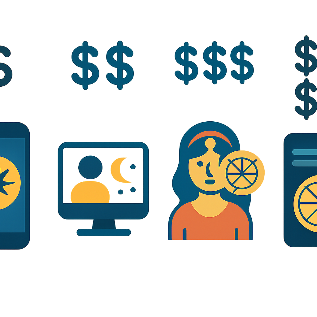 A visually appealing infographic comparing costs of various online astrology consultations with icons representing different price ranges and features