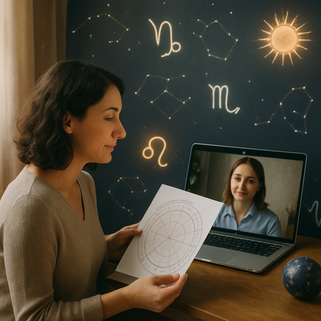 A serene virtual astrology consultation scene featuring an astrologer discussing a birth chart with a client over video call, surrounded by astrological symbols and celestial elements.
