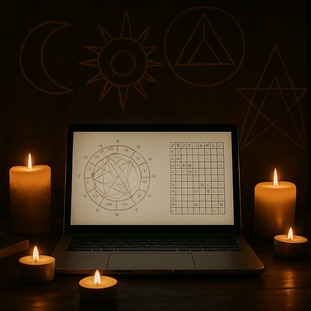 An inviting online astrology consultation setup with a laptop displaying astrological charts, candles lit around, and mystical symbols in the background