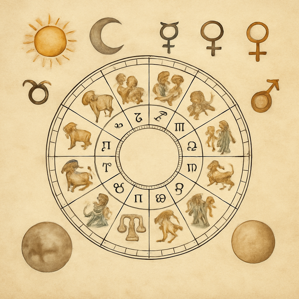 An illustrated guide showing key components of a birth chart with zodiac signs and planetary positions