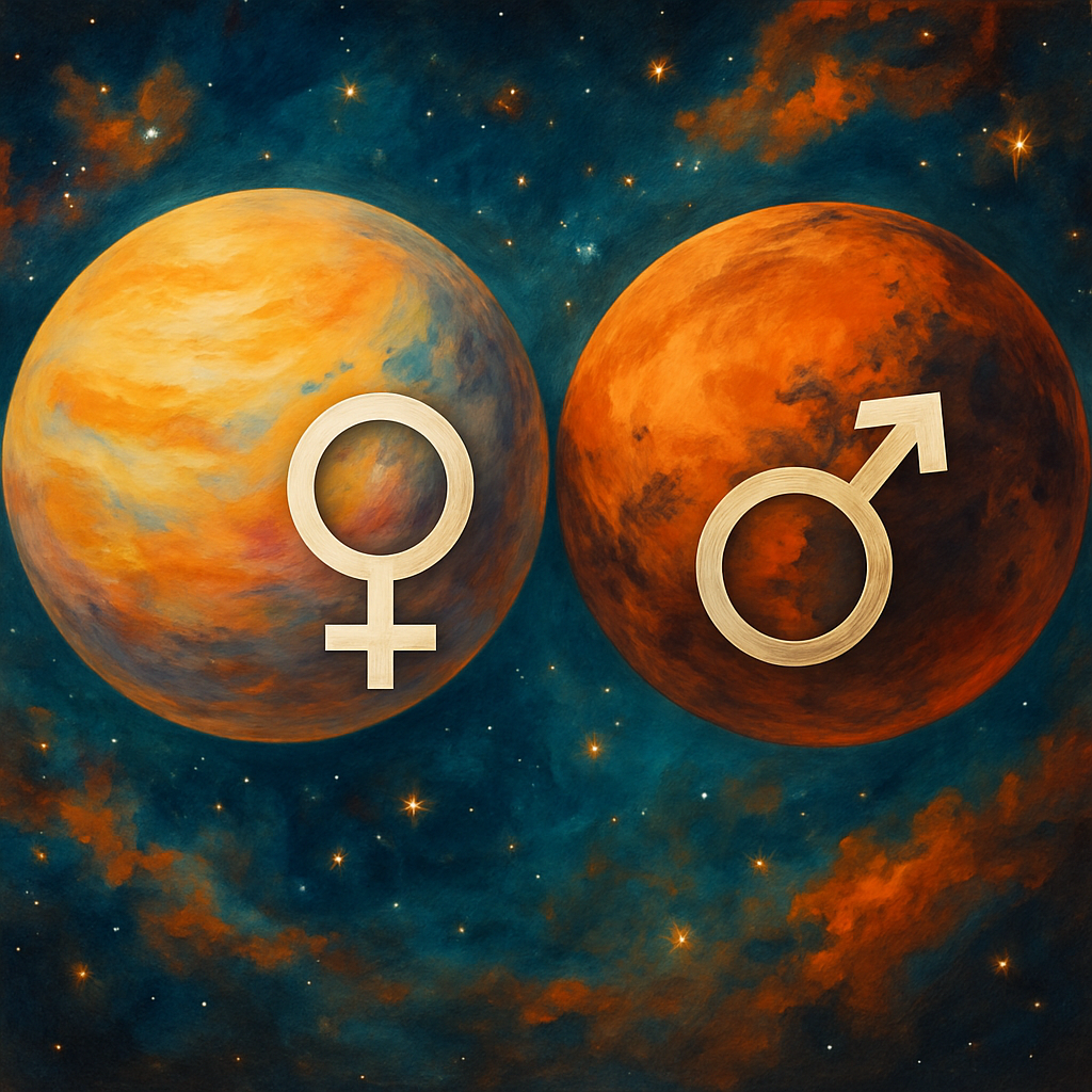 A vibrant illustration showing Venus and Mars with astrological symbols indicating their influence on relationships