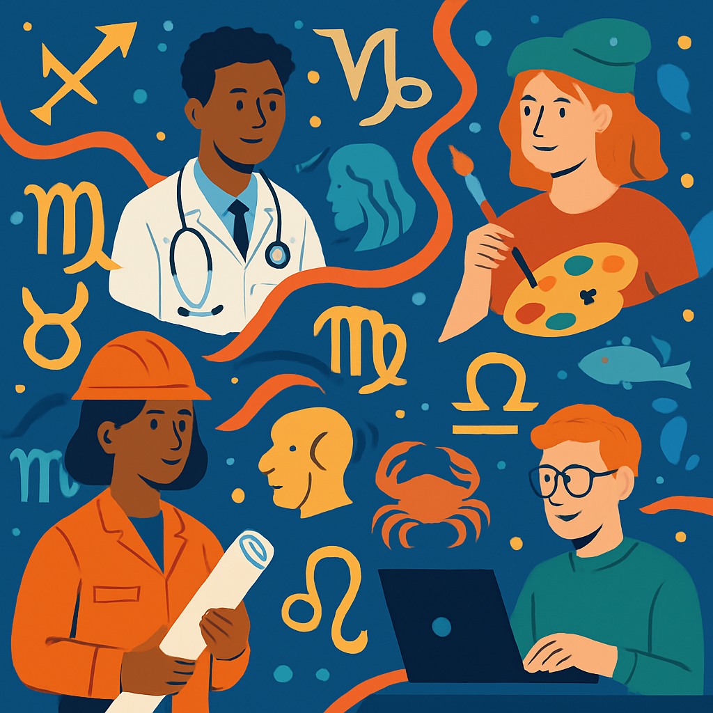 A vibrant illustration depicting astrological symbols intertwined with various professions like doctors, artists, engineers etc., showing connections between astrology and career paths