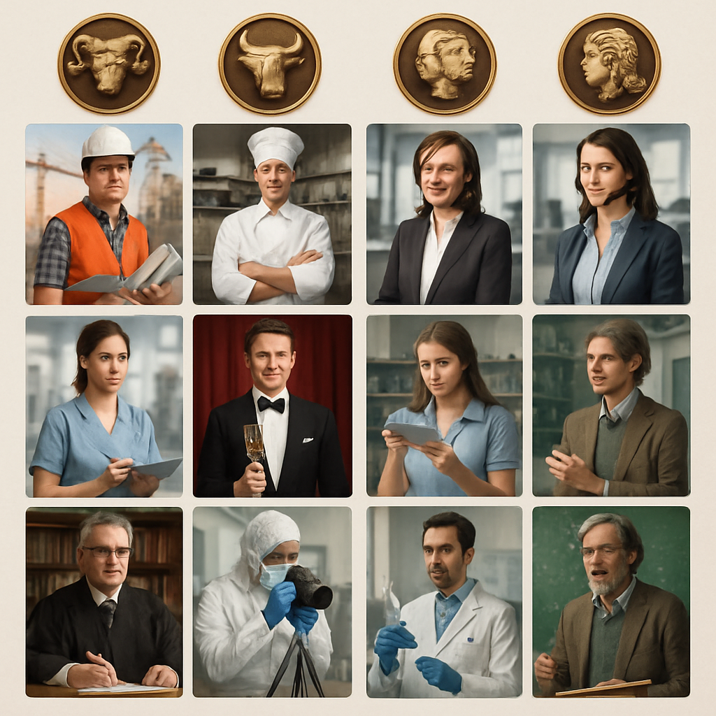 A detailed infographic illustrating how different astrological signs correlate with various professions and their strengths