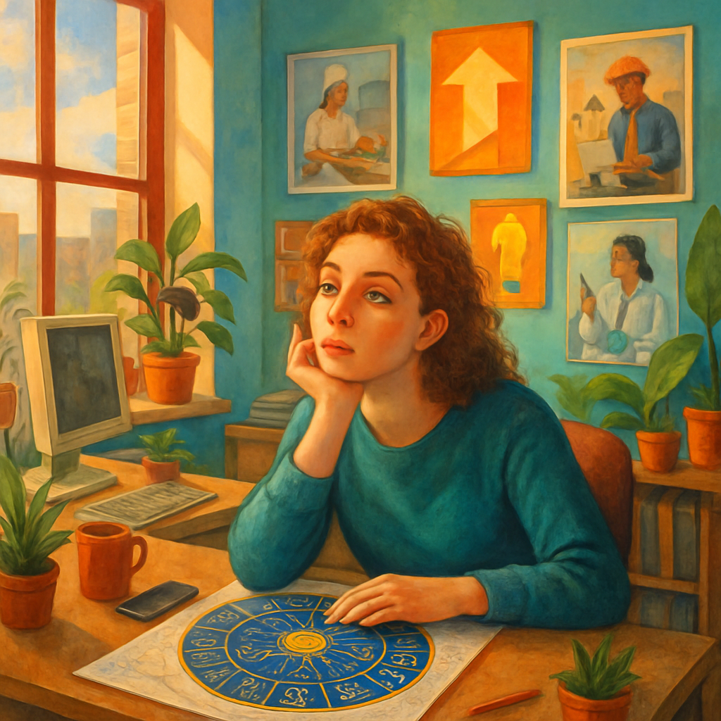 A whimsical illustration showing an individual consulting their astrological chart while contemplating different career paths in a vibrant office setting