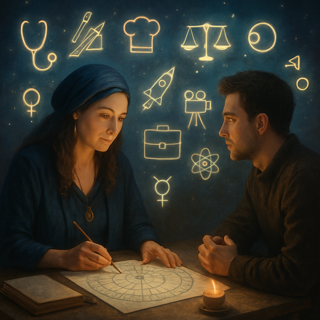 An illustration of an individual sitting across from an astrologer, discussing their astrological chart while surrounded by cosmic symbols representing various careers