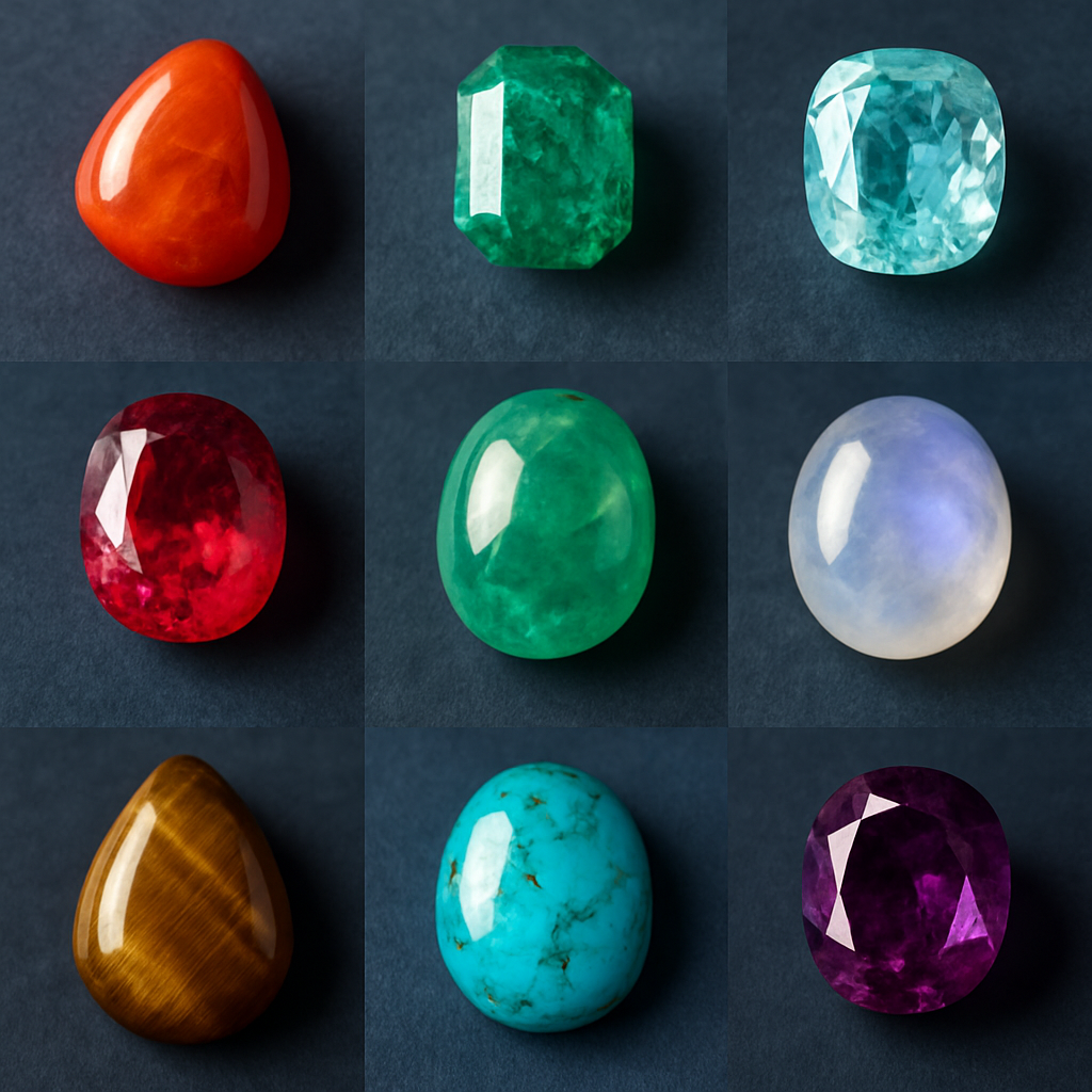 A vibrant display of various gemstones corresponding to zodiac signs, showcasing each stone's unique color and characteristics in an elegant layout.