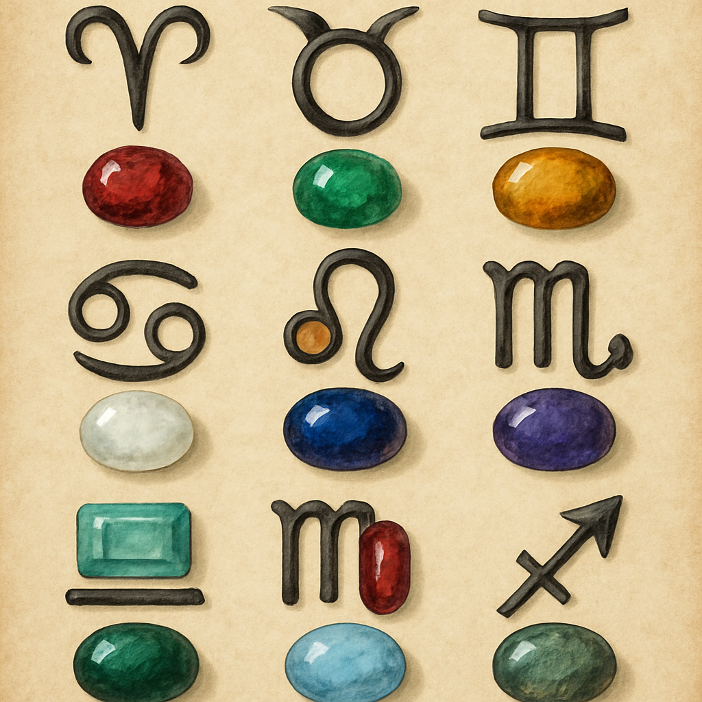 A detailed illustration showing planetary symbols alongside corresponding gemstones for each zodiac sign in an artistic layout.