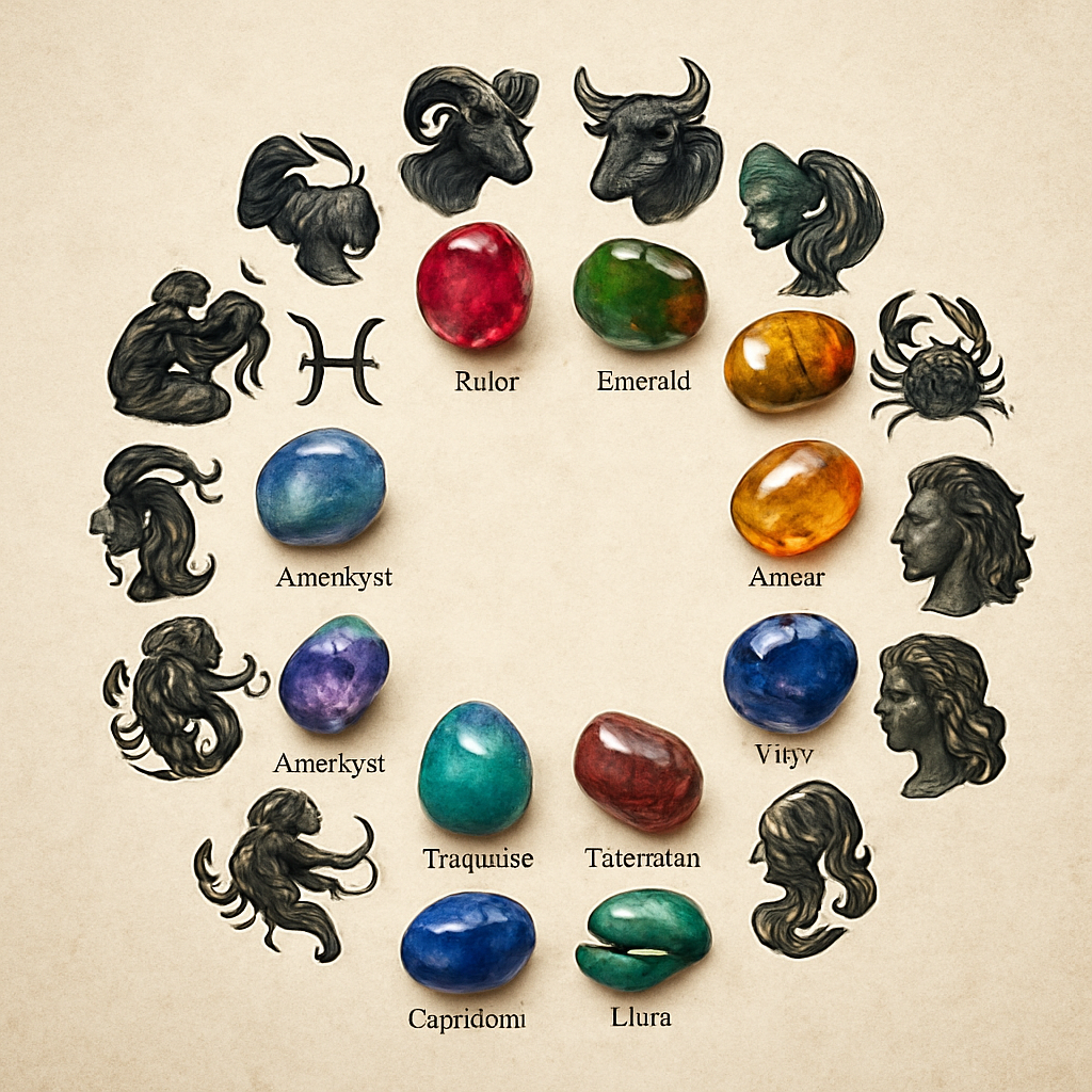 A colorful chart displaying recommended gemstones alongside each zodiac sign, highlighting their unique properties in an engaging design.