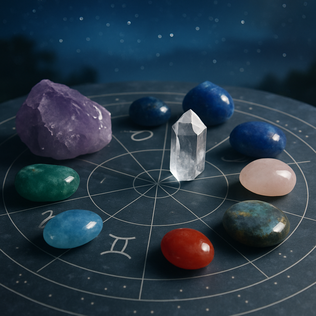 A serene scene depicting various gemstones arranged beautifully around astrological symbols, symbolizing their connection in a cosmic setting.