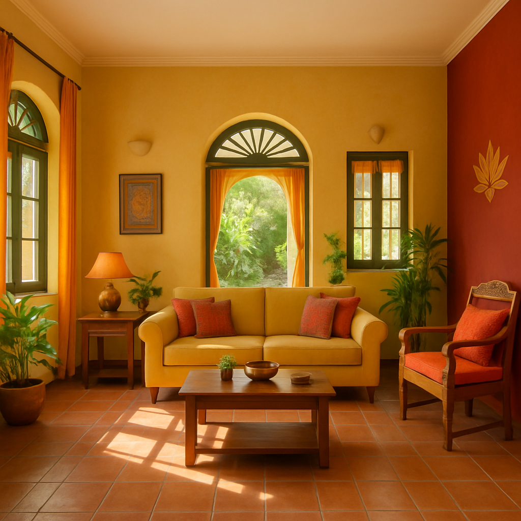A serene home interior designed according to Vastu Shastra principles with vibrant colors and natural light