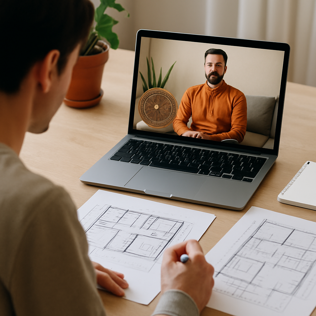 A person preparing for an online Vastu consultation at home with laptop and floor plans