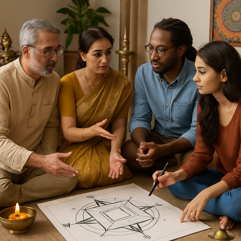 A diverse group of people discussing Vastu principles with cultural elements around them