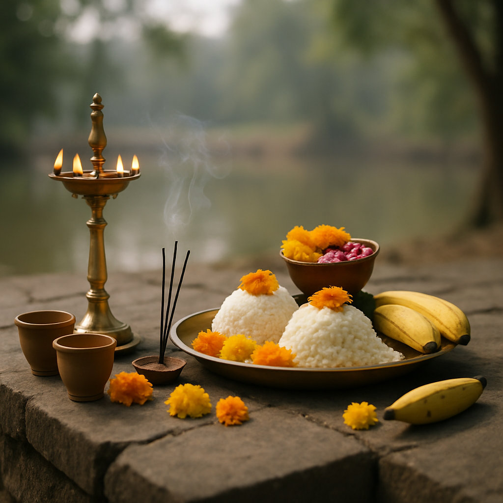 A serene scene depicting a traditional Hindu ritual for ancestors, with offerings and a peaceful ambiance