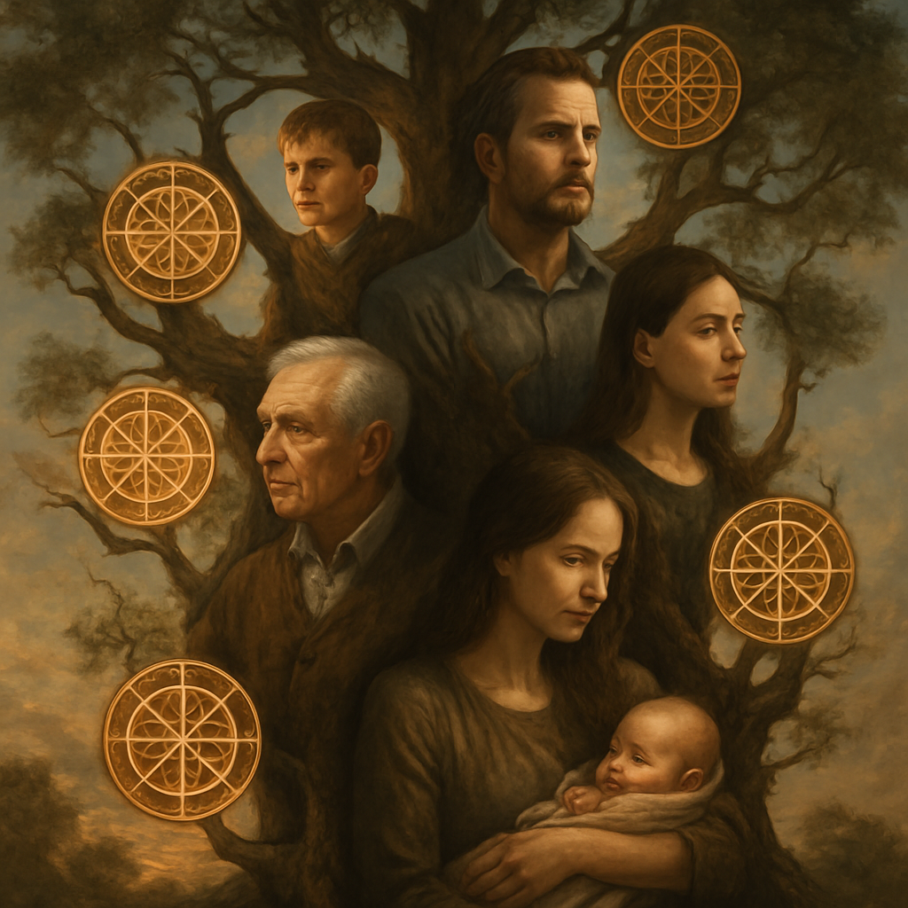 A captivating illustration showing different generations within a family tree intertwined with symbols representing karma