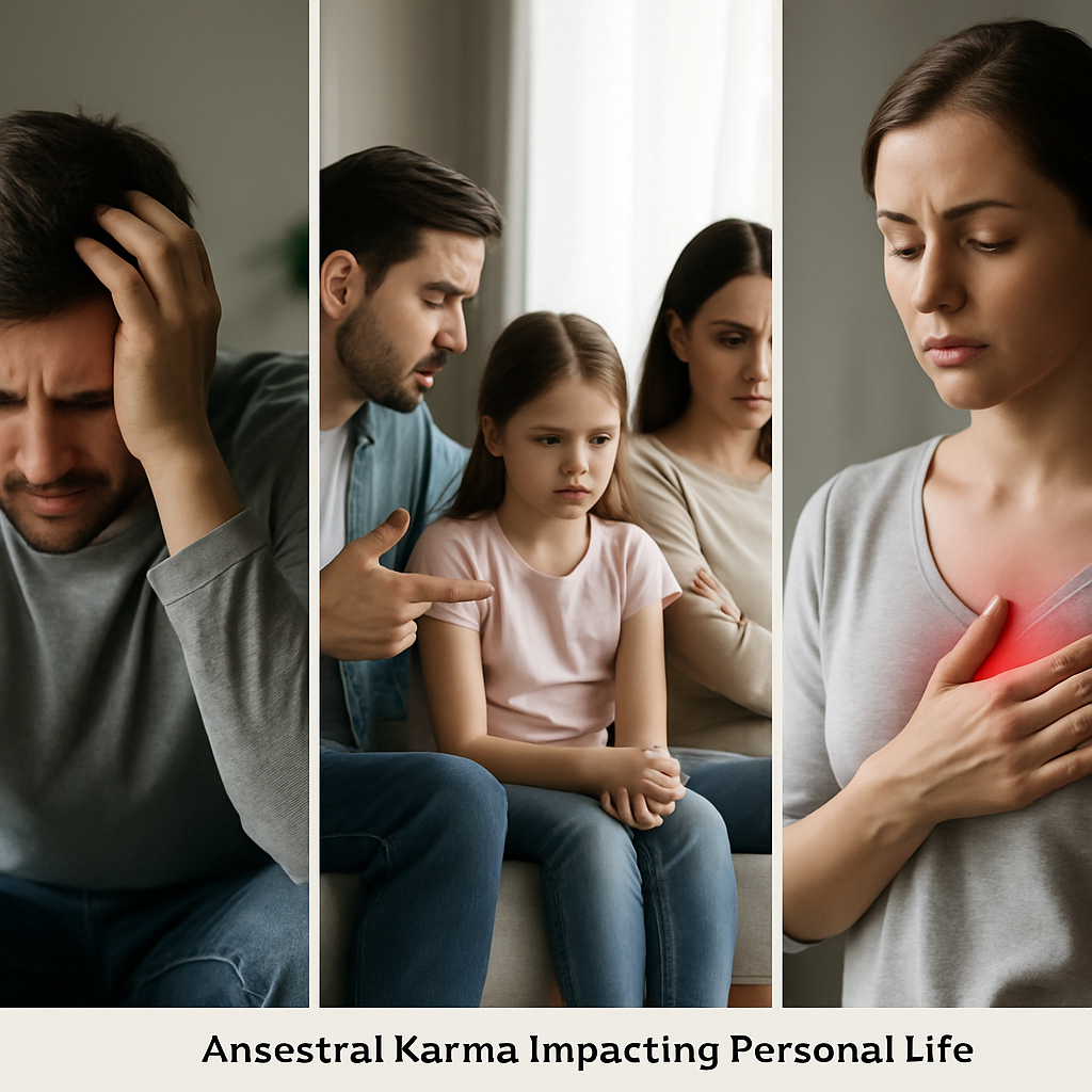 A visual representation showing various symptoms associated with ancestral karma impacting personal life, family relationships, and health