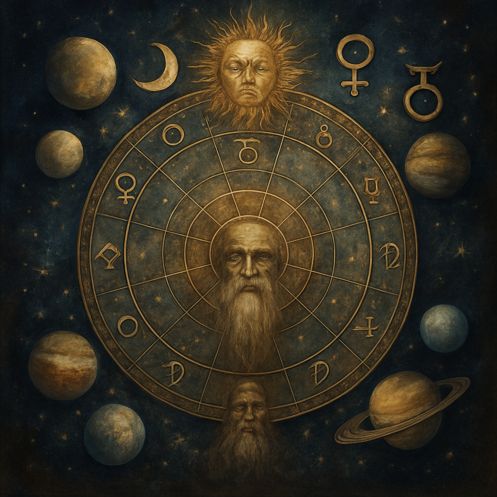 An intricate illustration showing a birth chart with celestial symbols representing planets influencing ancestral karma
