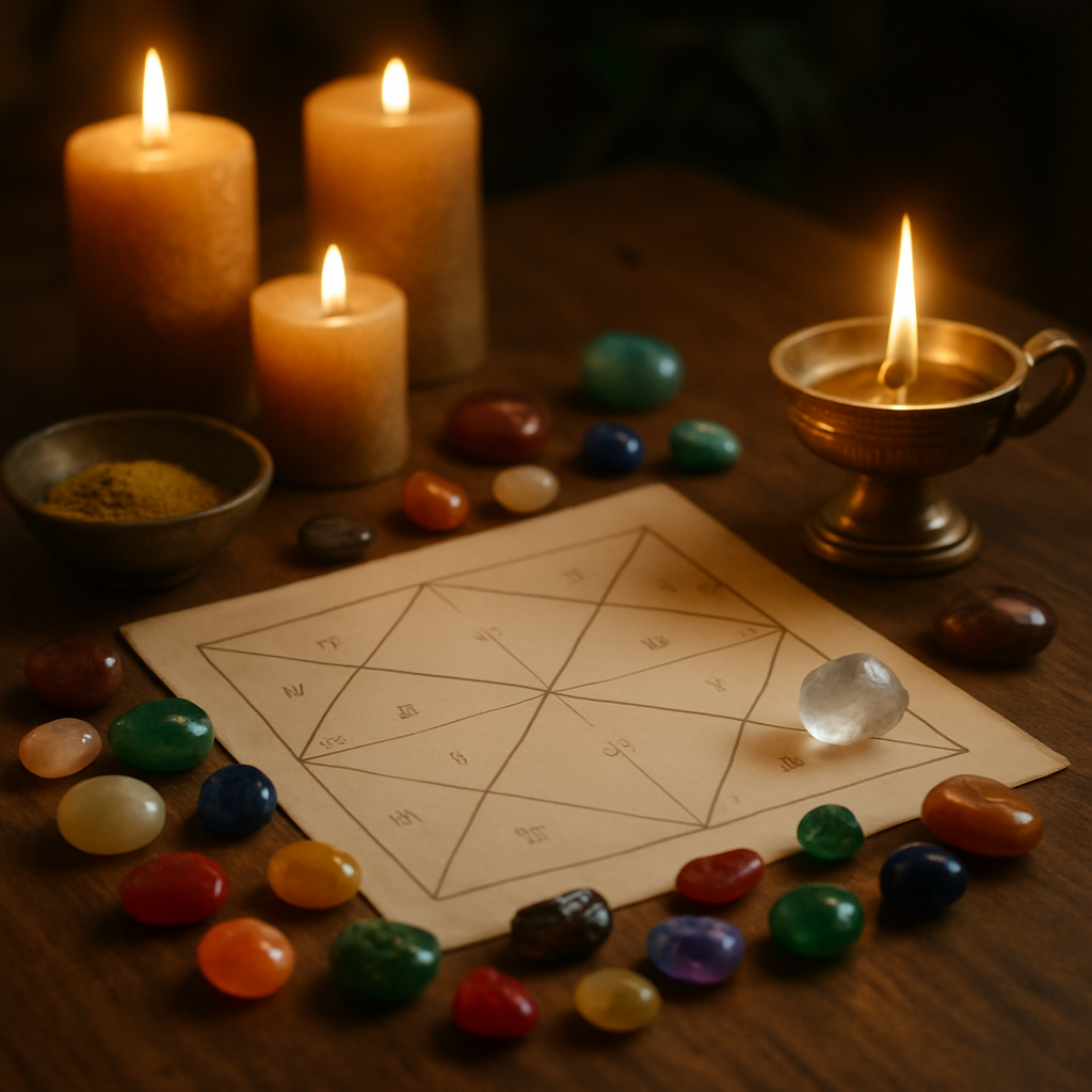 A serene scene depicting traditional Vedic rituals with candles, gemstones, and astrological charts