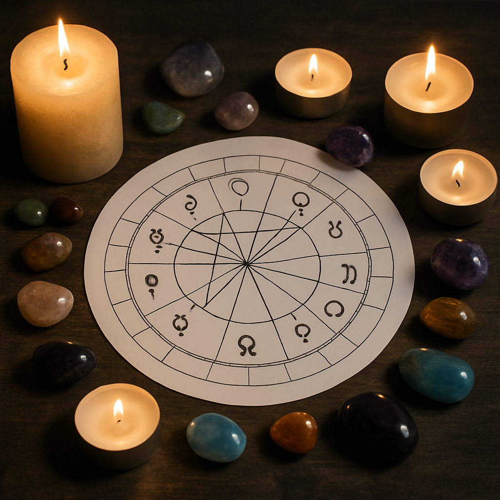 An astrological chart surrounded by candles and gemstones representing various planetary influences