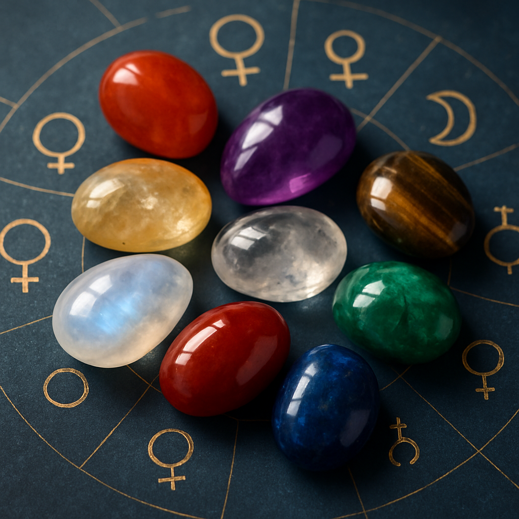 An array of gemstones with astrological symbols in the background representing various planetary influences