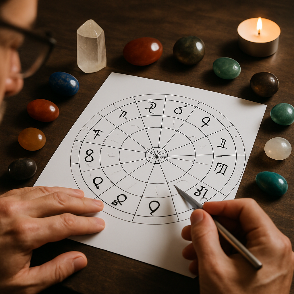 An astrologer analyzing a birth chart with celestial symbols and gemstones around