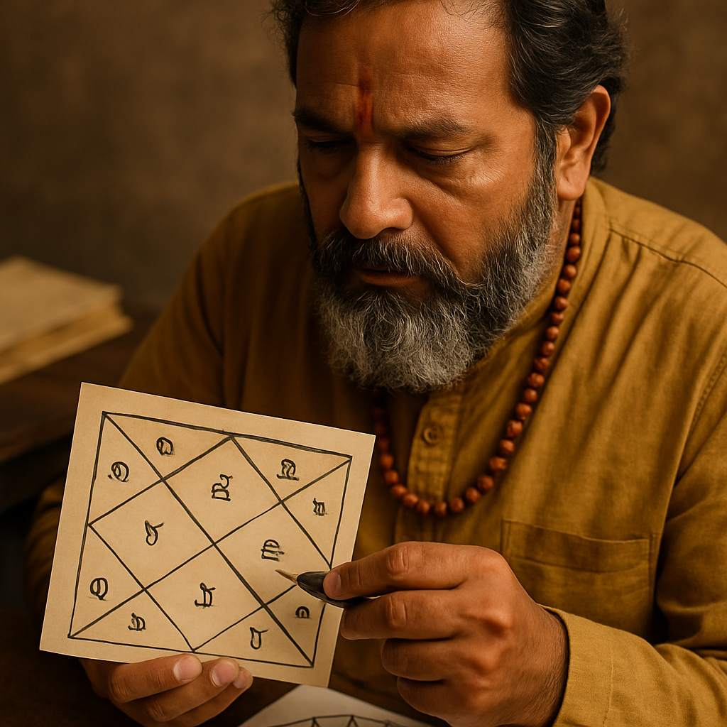 Astrologer analyzing a birth chart for Kaalsarp Dosh identification