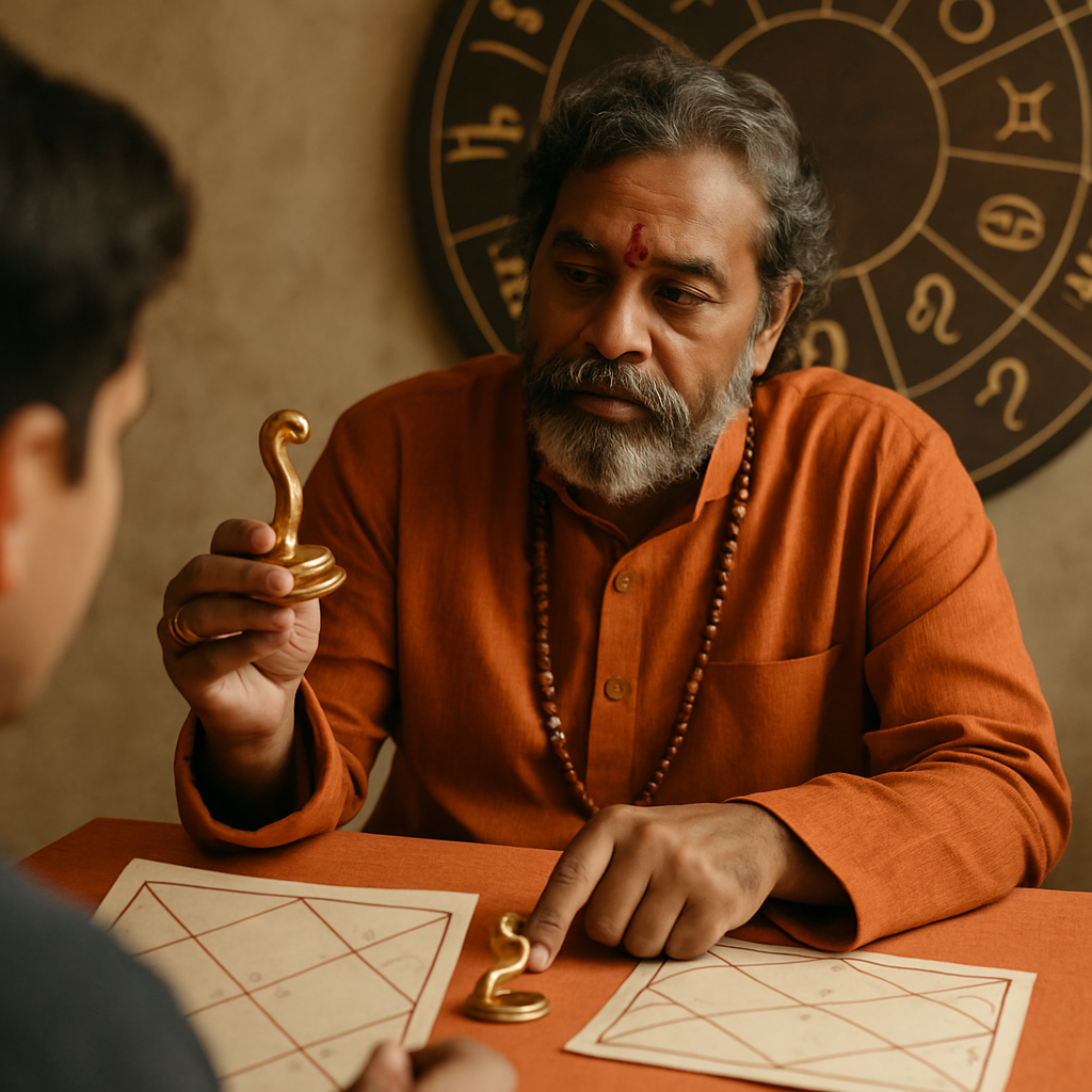 Astrologer providing guidance on Kaalsarp Dosh remedies with astrological charts