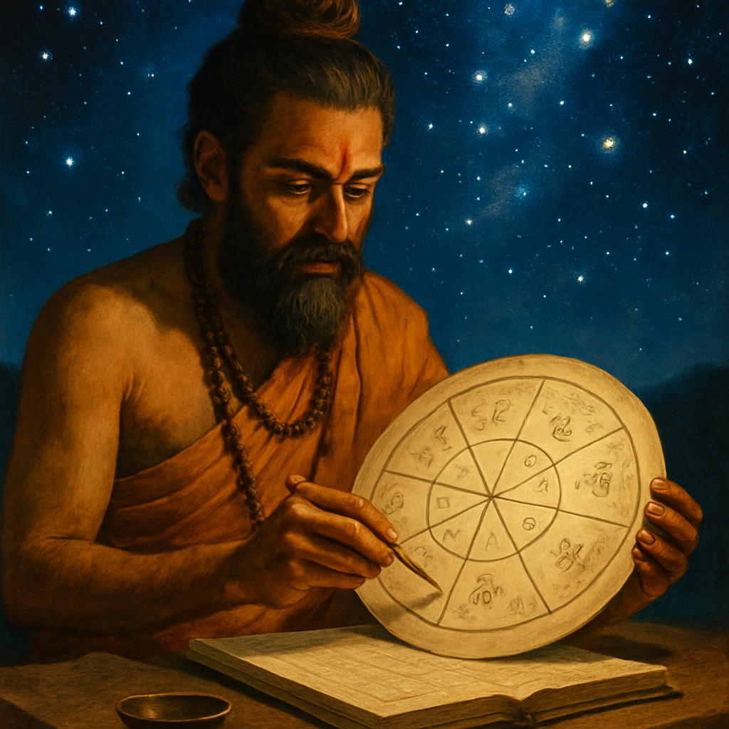 A vibrant illustration of a Vedic astrologer studying a birth chart under a starry sky
