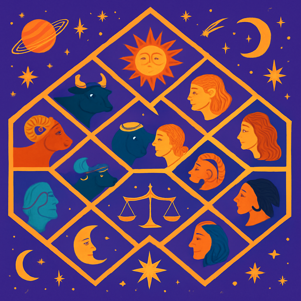 A vibrant illustration of a Kundali birth chart with zodiac signs and celestial symbols
