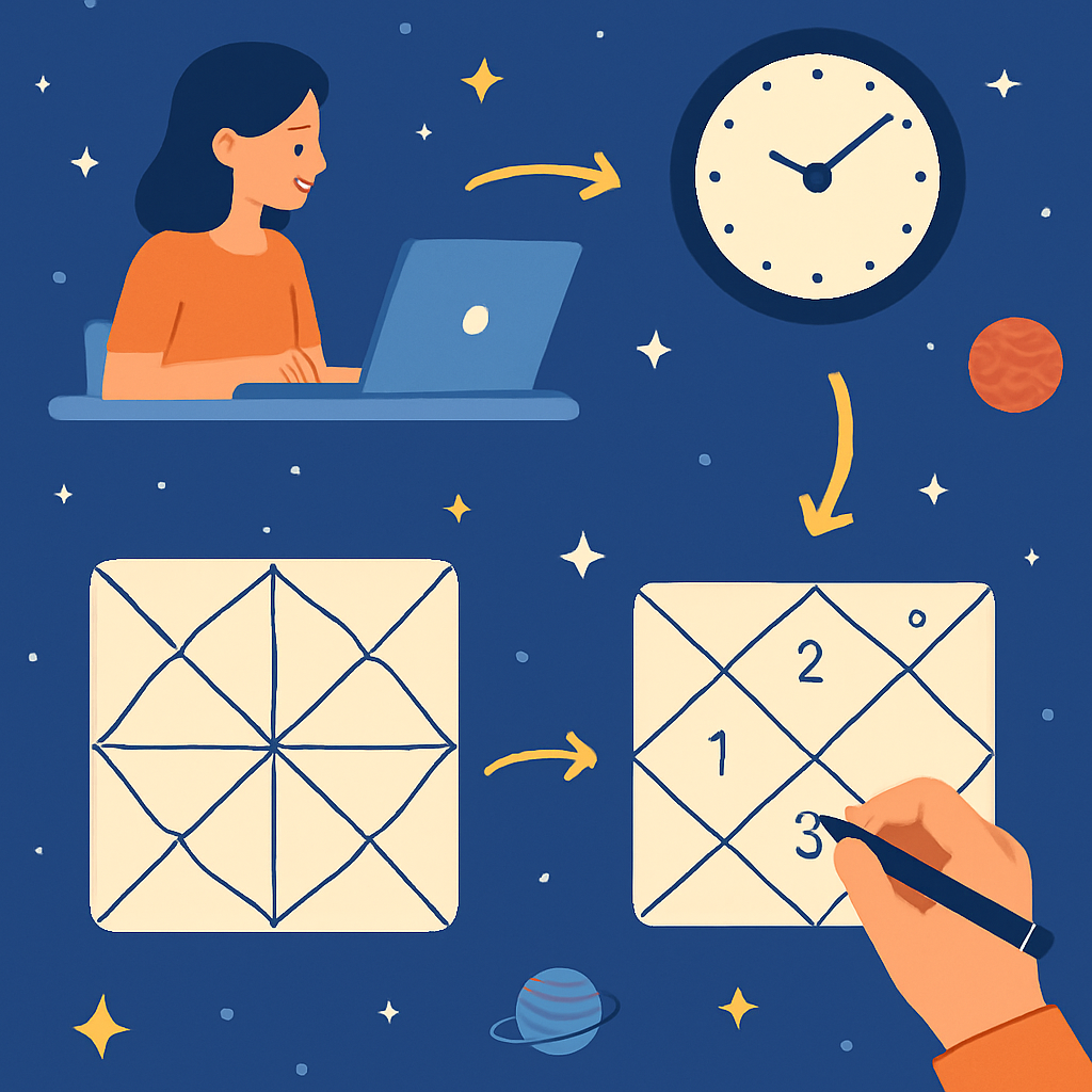 An illustration showing the steps to create a Kundali with celestial elements like stars and planets