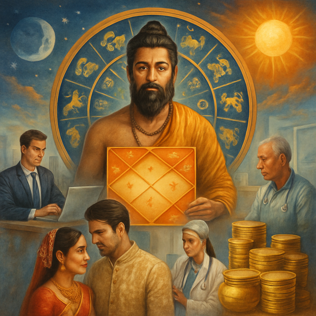 A vibrant illustration depicting various aspects of life influenced by Vedic astrology including career, marriage compatibility, health forecasts, and wealth predictions