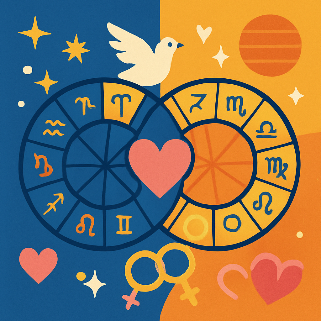 A colorful illustration depicting two astrological charts merging together with symbols representing love and compatibility