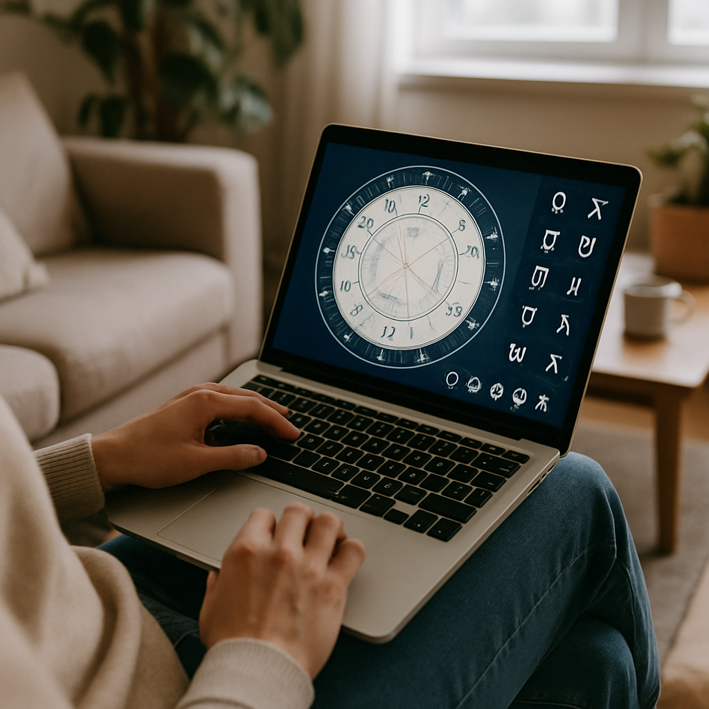A person sitting comfortably at home with a laptop open showing astrological charts and symbols