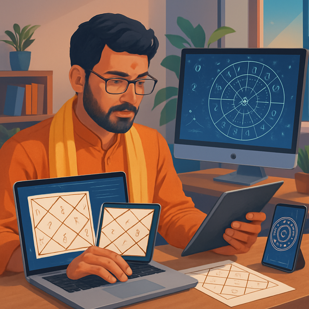 A vibrant illustration showing an astrologer analyzing Kundali charts with digital tools in a modern setting