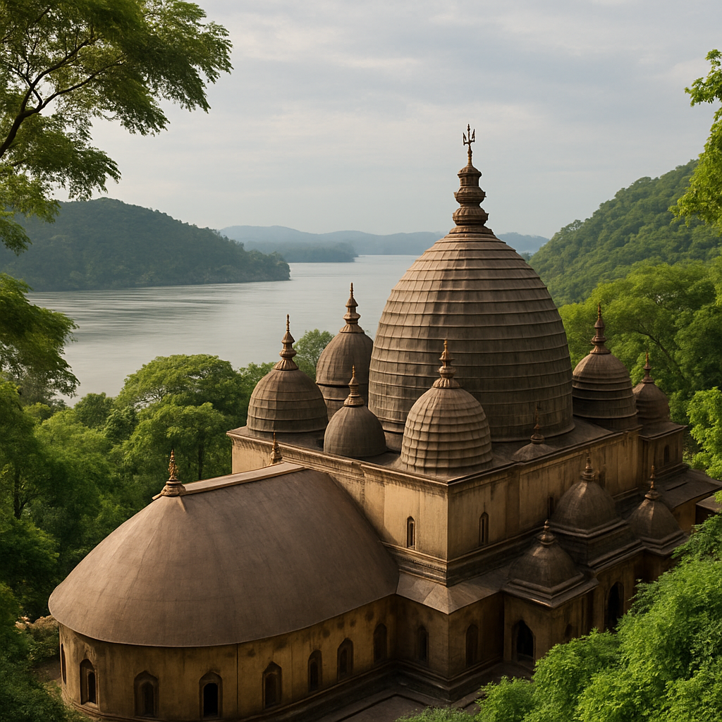 A serene view of Kamakhya Temple on Nilachal Hill surrounded by lush greenery and Brahmaputra river
