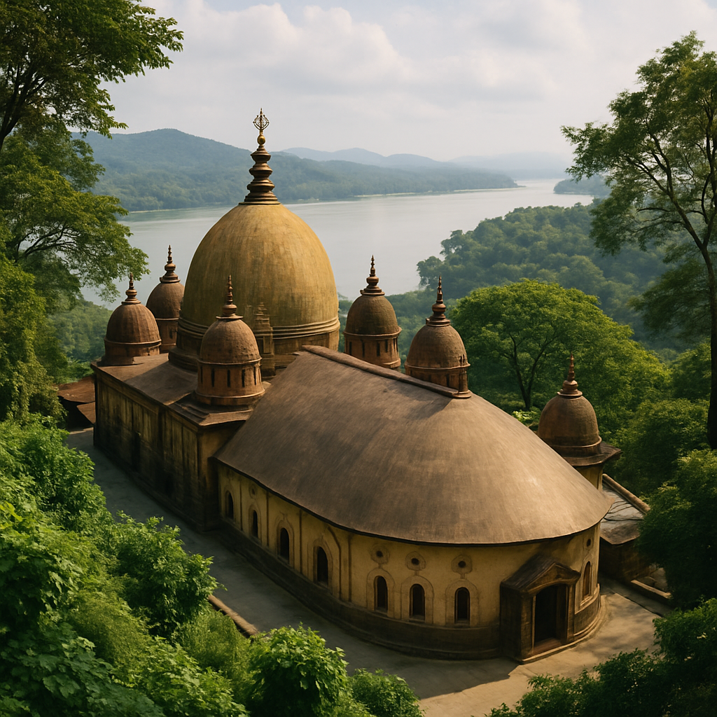 A serene view of Kamakhya Temple on Nilachal Hilltop surrounded by lush greenery and Brahmaputra river in the background