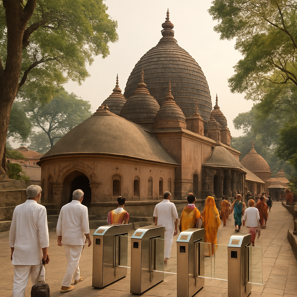 A serene view of Kamakhya Temple with devotees entering through a digital pass gate