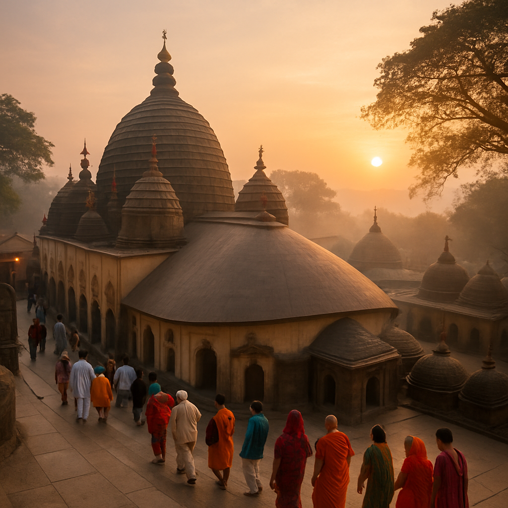A serene view of Kamakhya Temple during sunrise with devotees arriving