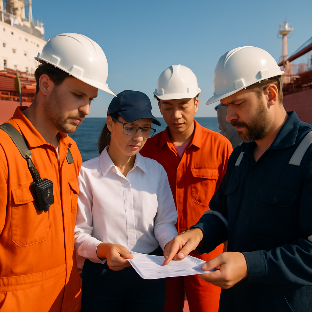 A group of maritime professionals discussing compliance documents onboard a vessel engaged in ship-to-ship transfers under clear skies.