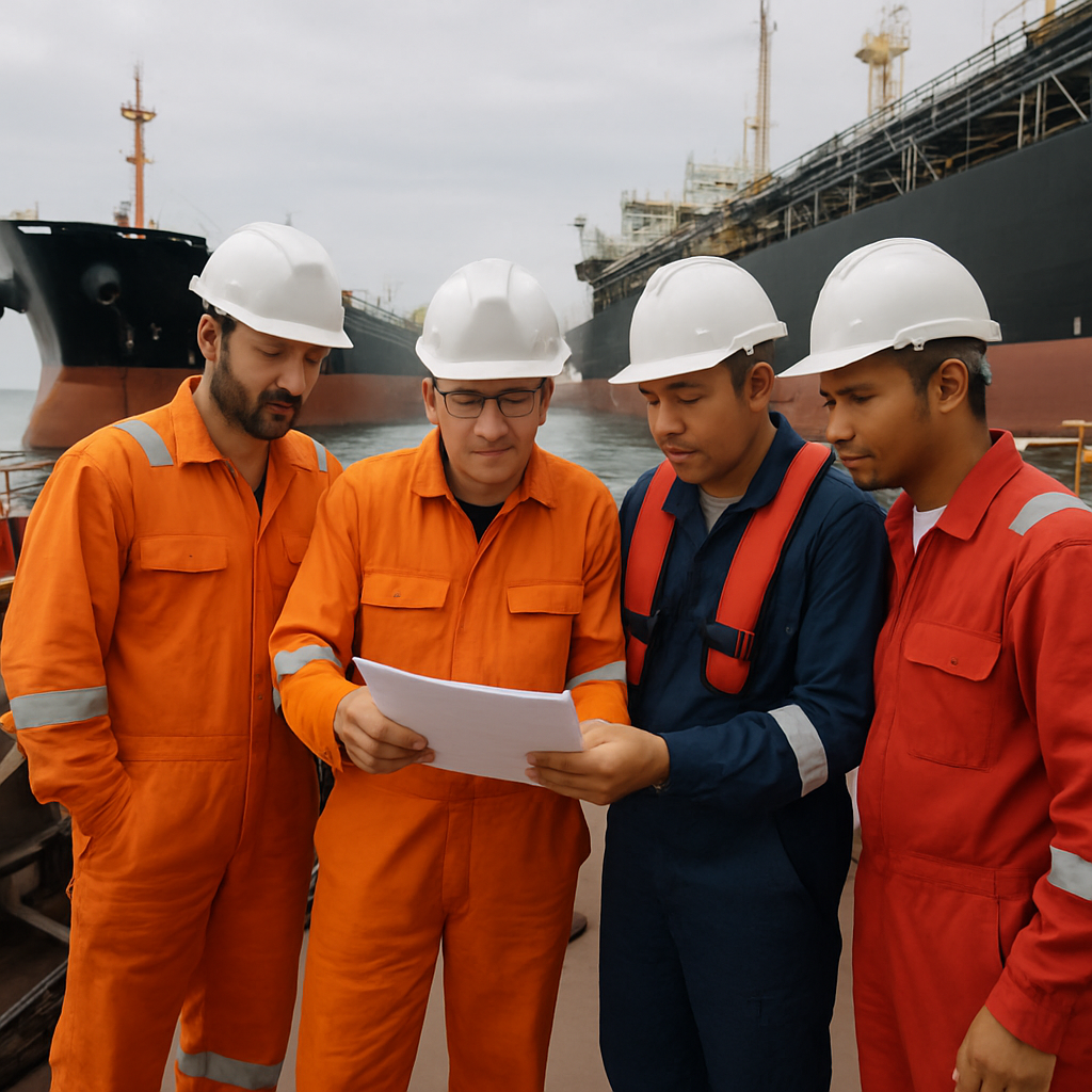 A team of maritime professionals reviewing post-transfer documentation on a vessel after completing a ship-to-ship transfer operation.