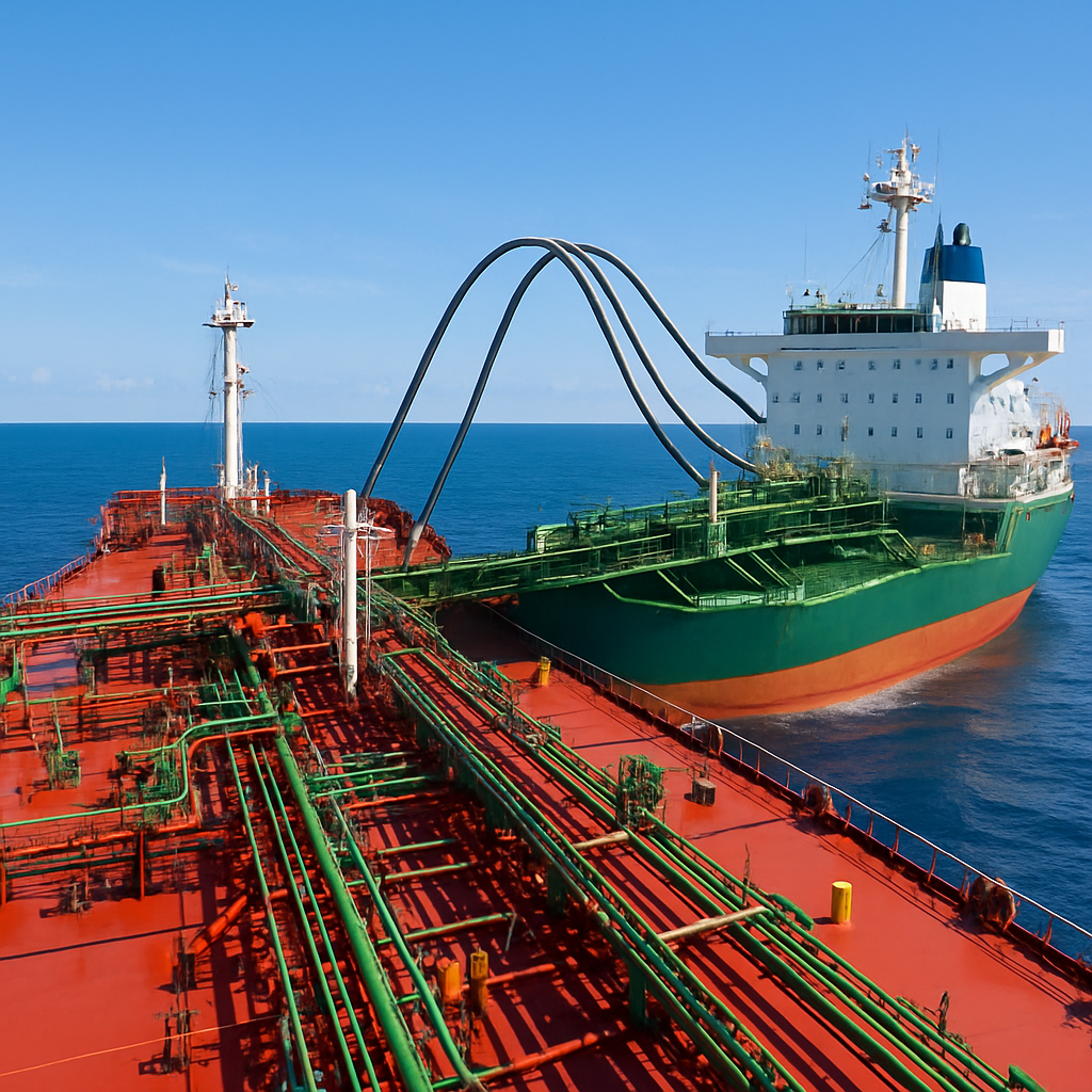 A vibrant scene showing two tankers engaged in a smooth ship-to-ship transfer operation amidst calm seas and clear skies.