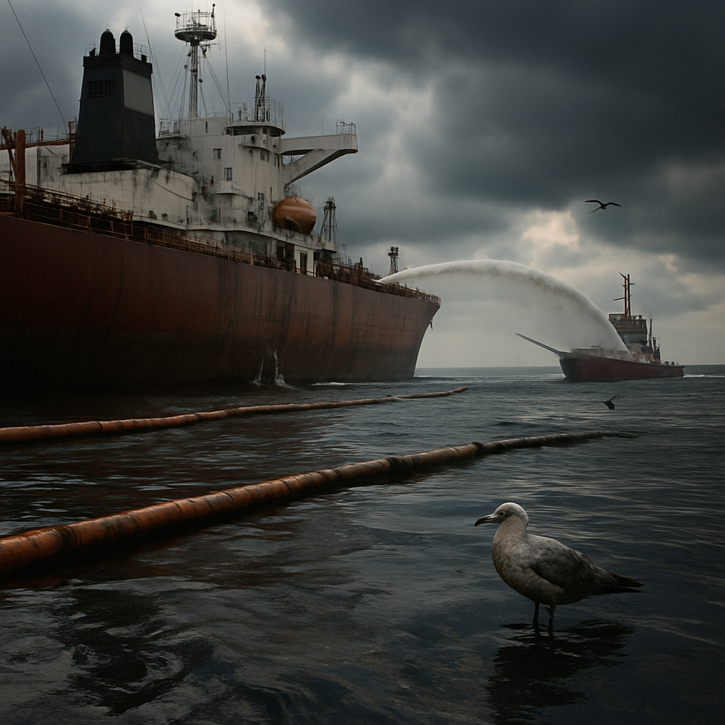A dramatic scene illustrating a tanker operation amidst potential environmental hazards like oil spills, showcasing both maritime activity and wildlife.