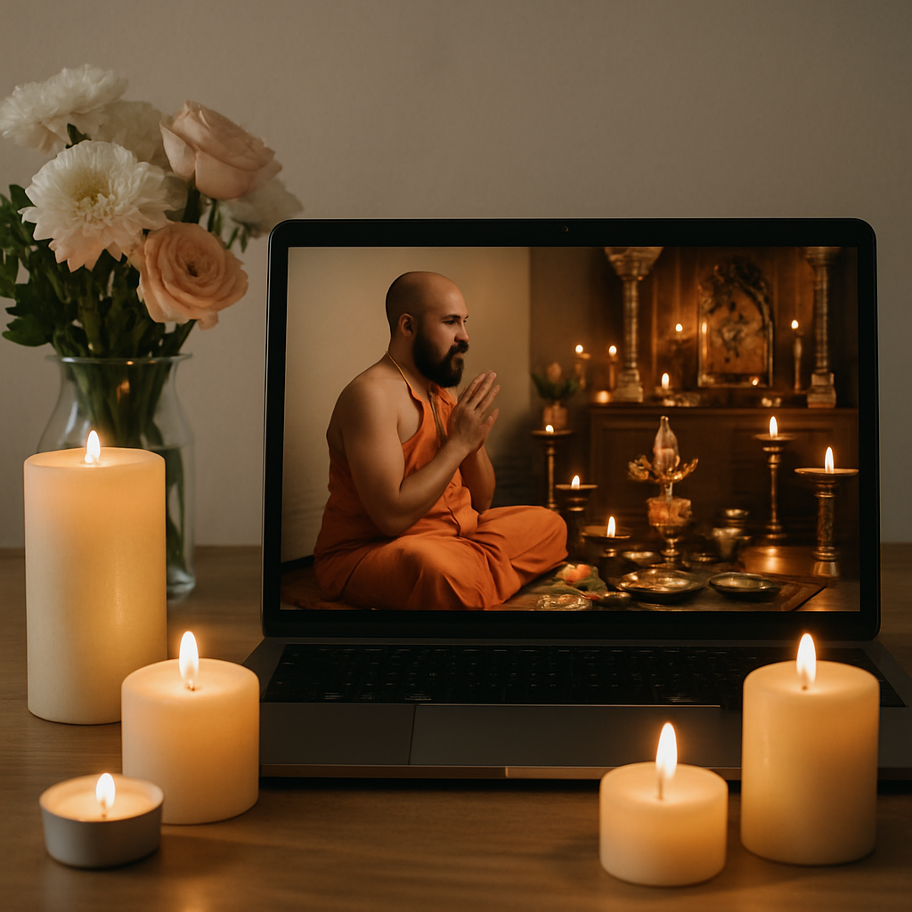 A serene digital altar setup with candles and flowers on a computer screen showing live streaming of a Hindu puja ceremony.